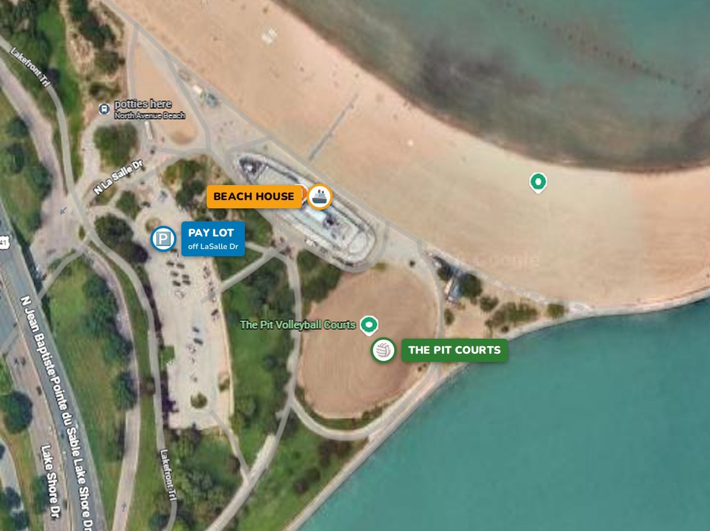 Map — North Avenue Beach and The Pit volleyball courts